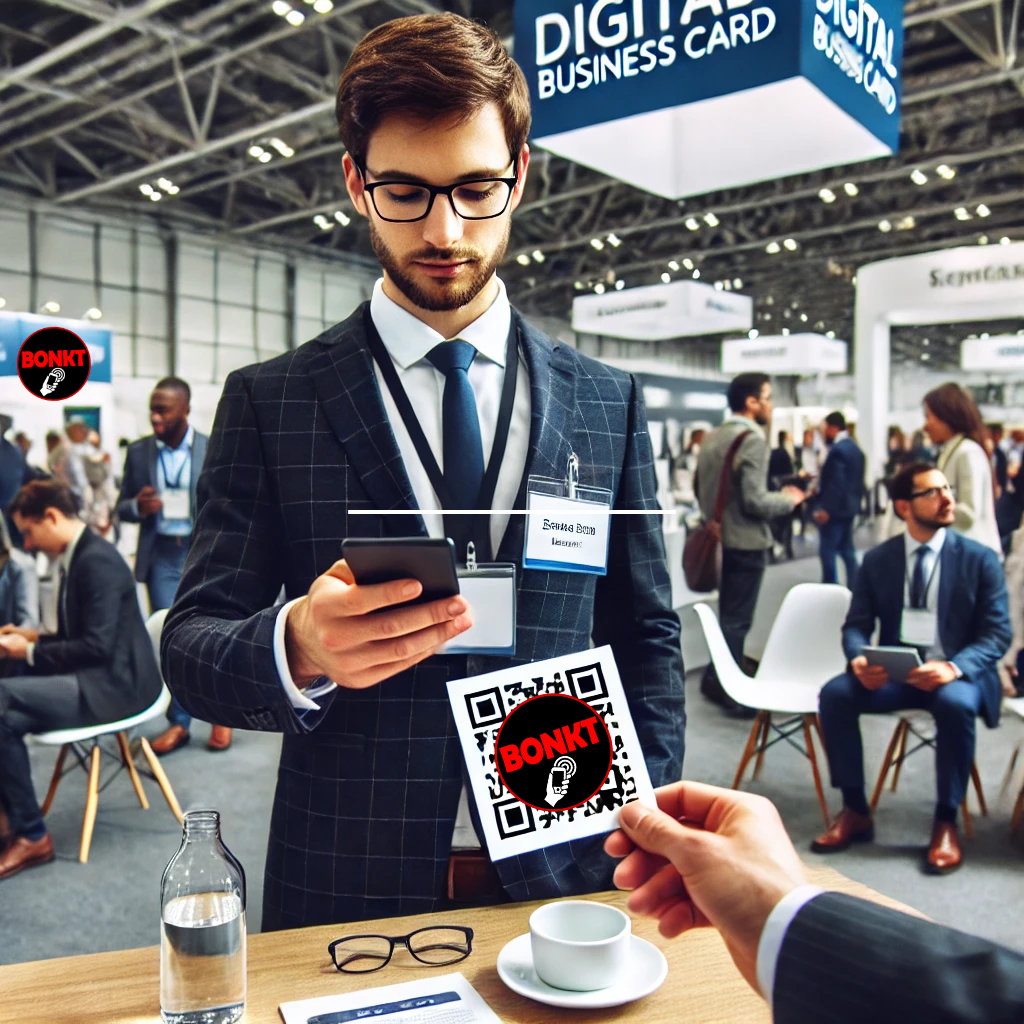 A business professional scanning a QR business card with the BONKT digital business card app