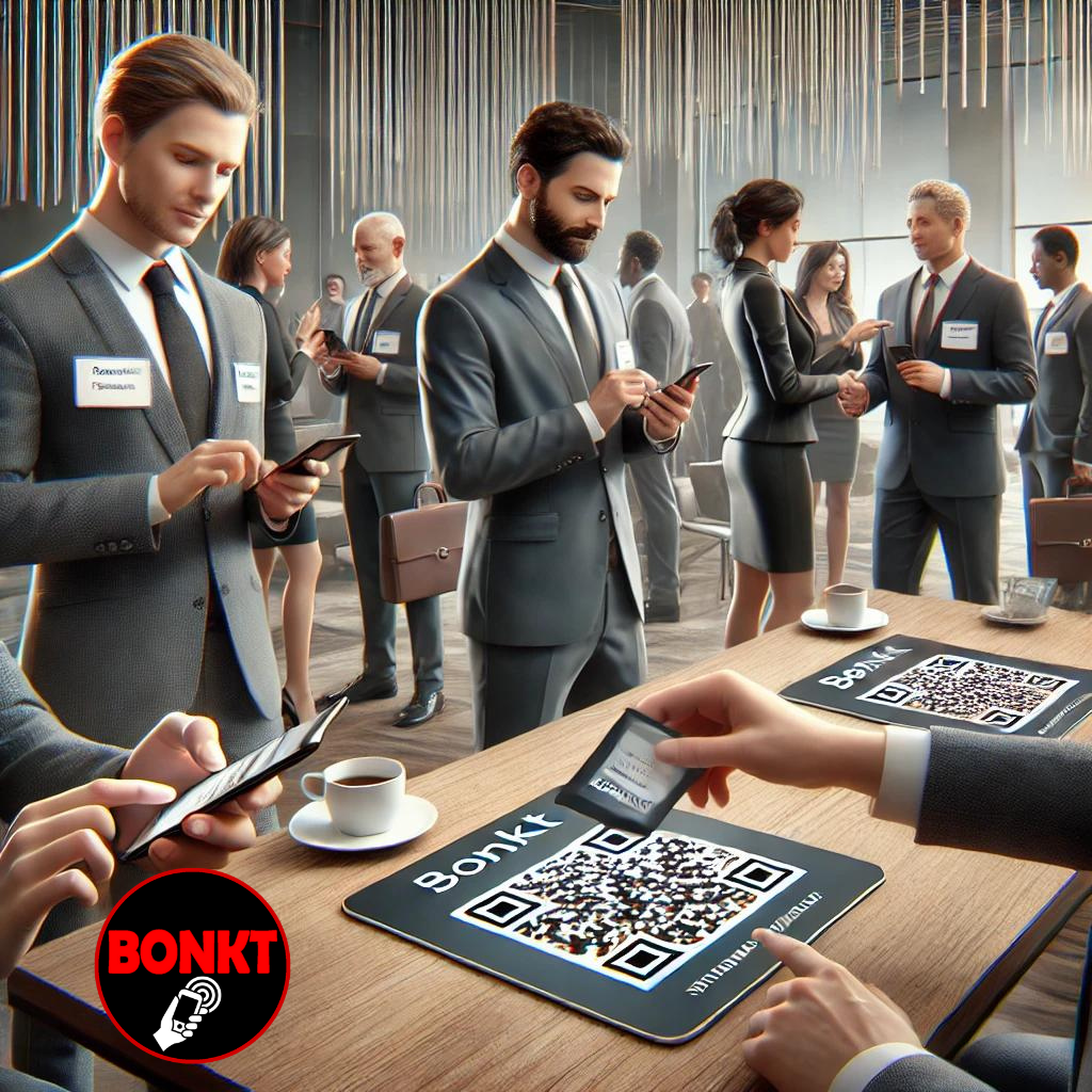 Professionals connecting at a networking event with Bonkt digital cards
