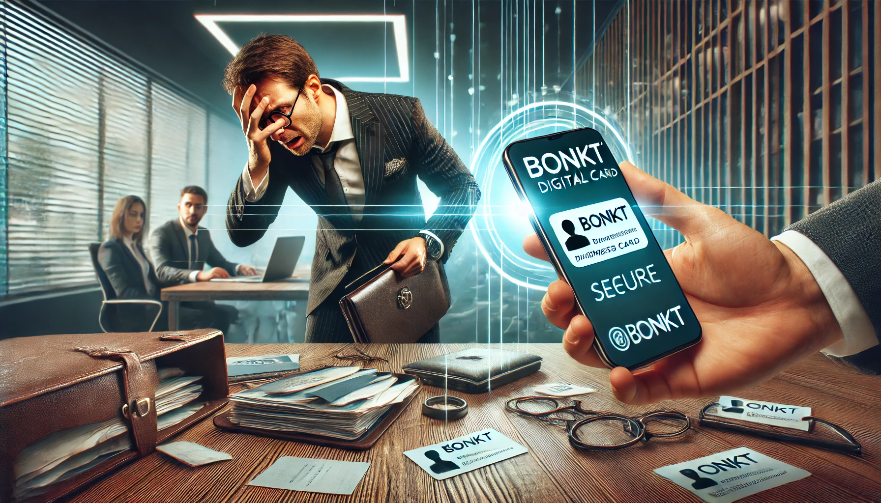 a salesman stressing that he lost a deal because of his paper business cards