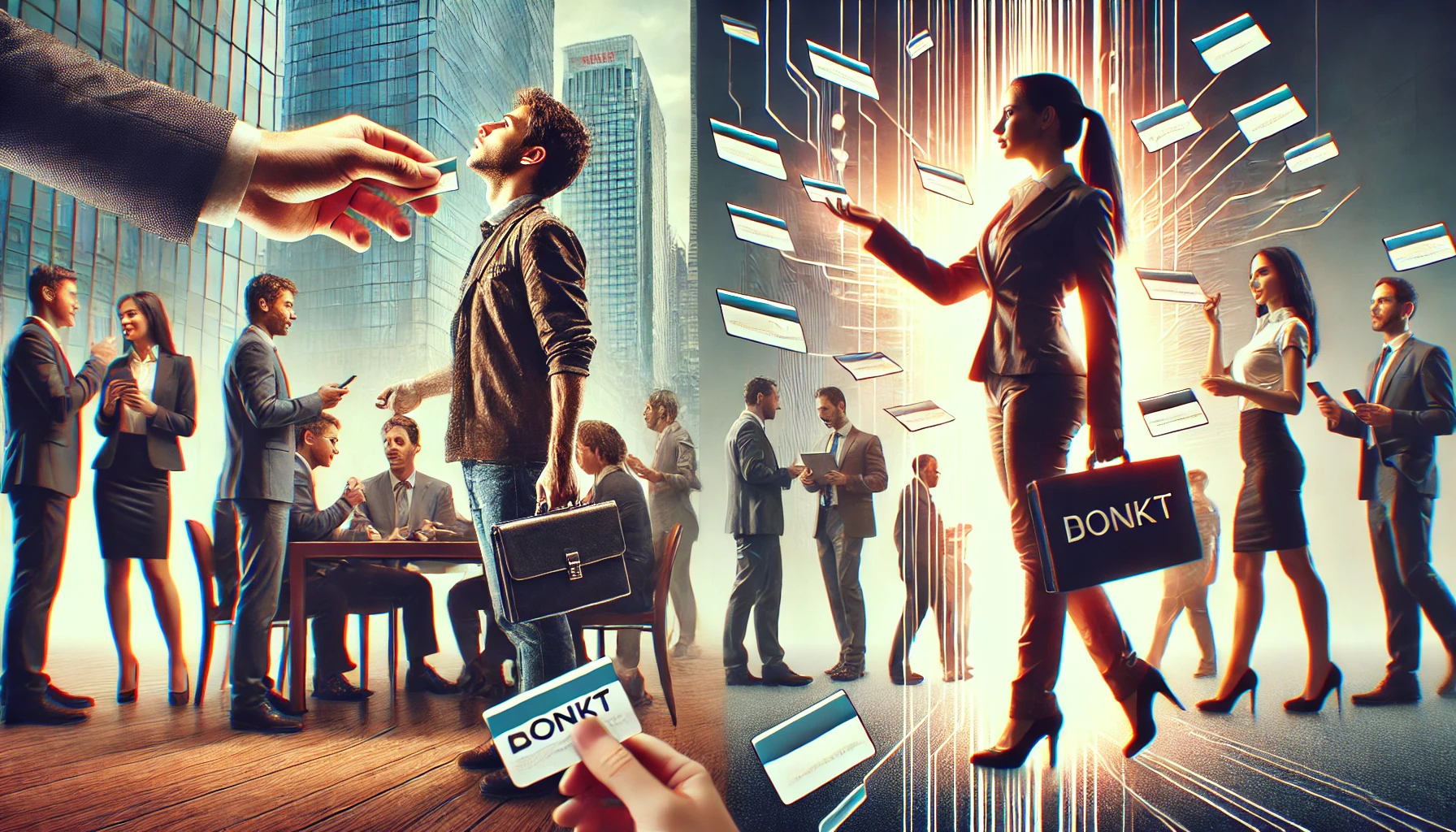 2 poeple at a networking event, one getting noticed with a BONKT Card and the other isn't