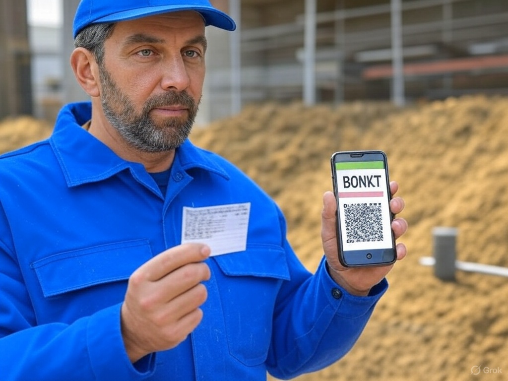 a Plumber holding a paper business card and also displaying BONKT on his phone