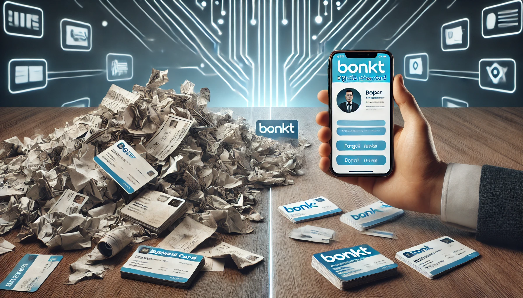 a crumpled up stack of unorganized paper business cards, and a BONKT Digital Card