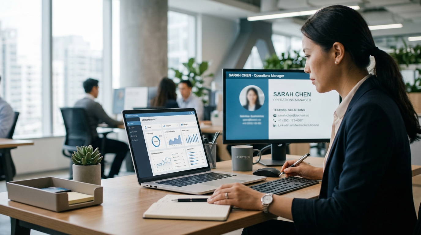 Manager reviewing team digital business card settings during employee offboarding on a laptop dashboard