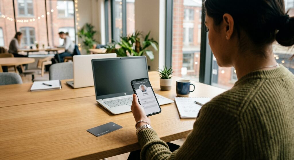 Professional reviewing their digital business card profile on a smartphone at a co-working desk