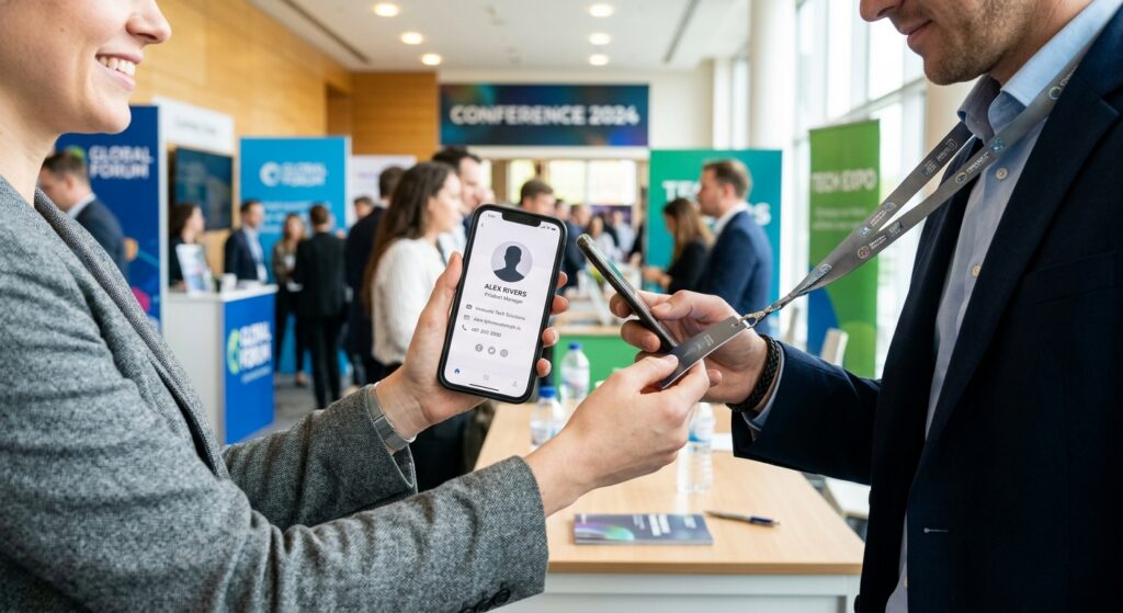 Person viewing a digital business card profile on a smartphone at a networking event, illustrating what to include on a digital business card