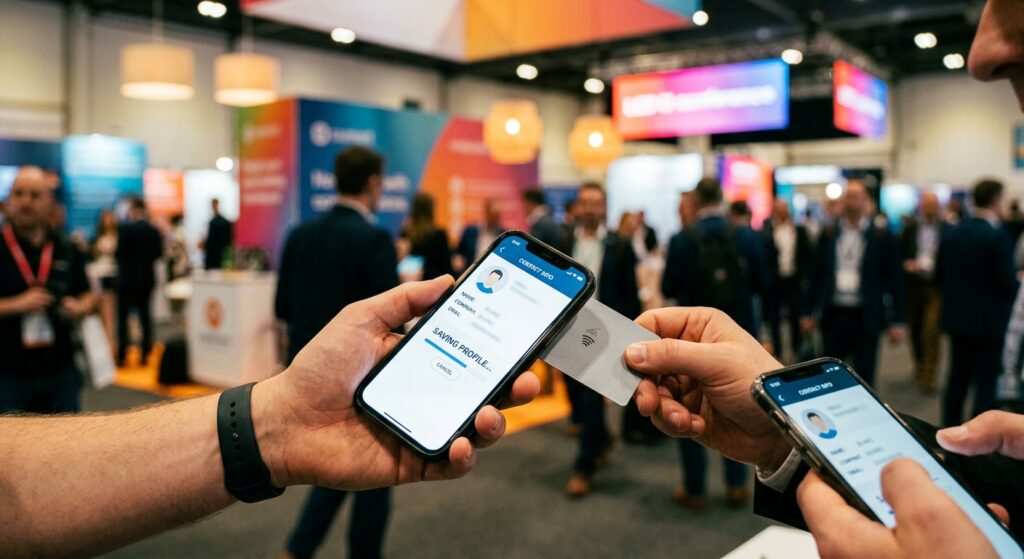 Person saving a contact from a digital business card via NFC tap at a professional networking event