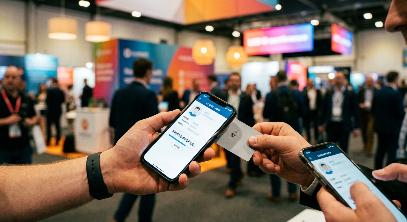 Person saving a contact from a digital business card via NFC tap at a professional networking event