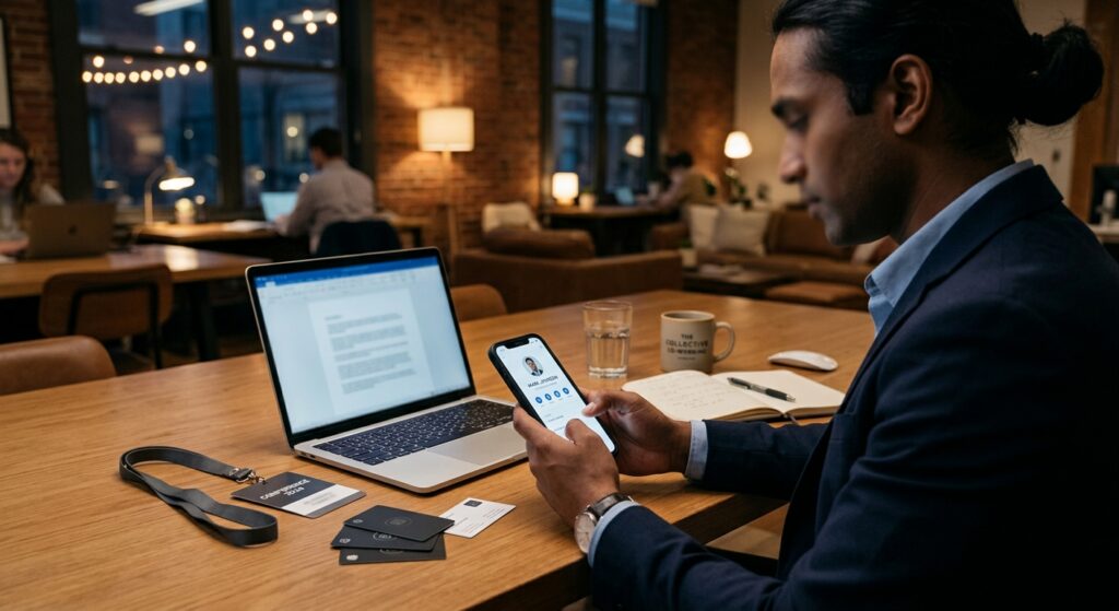Professional reviewing new contacts on a smartphone to follow up after a networking event
