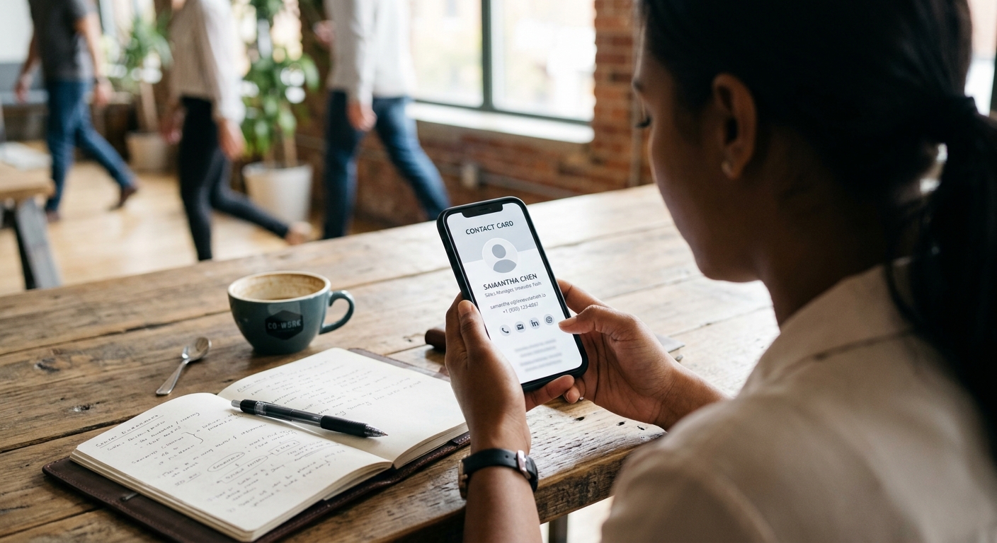 Professional reviewing contact history on a smartphone for digital networking follow-up