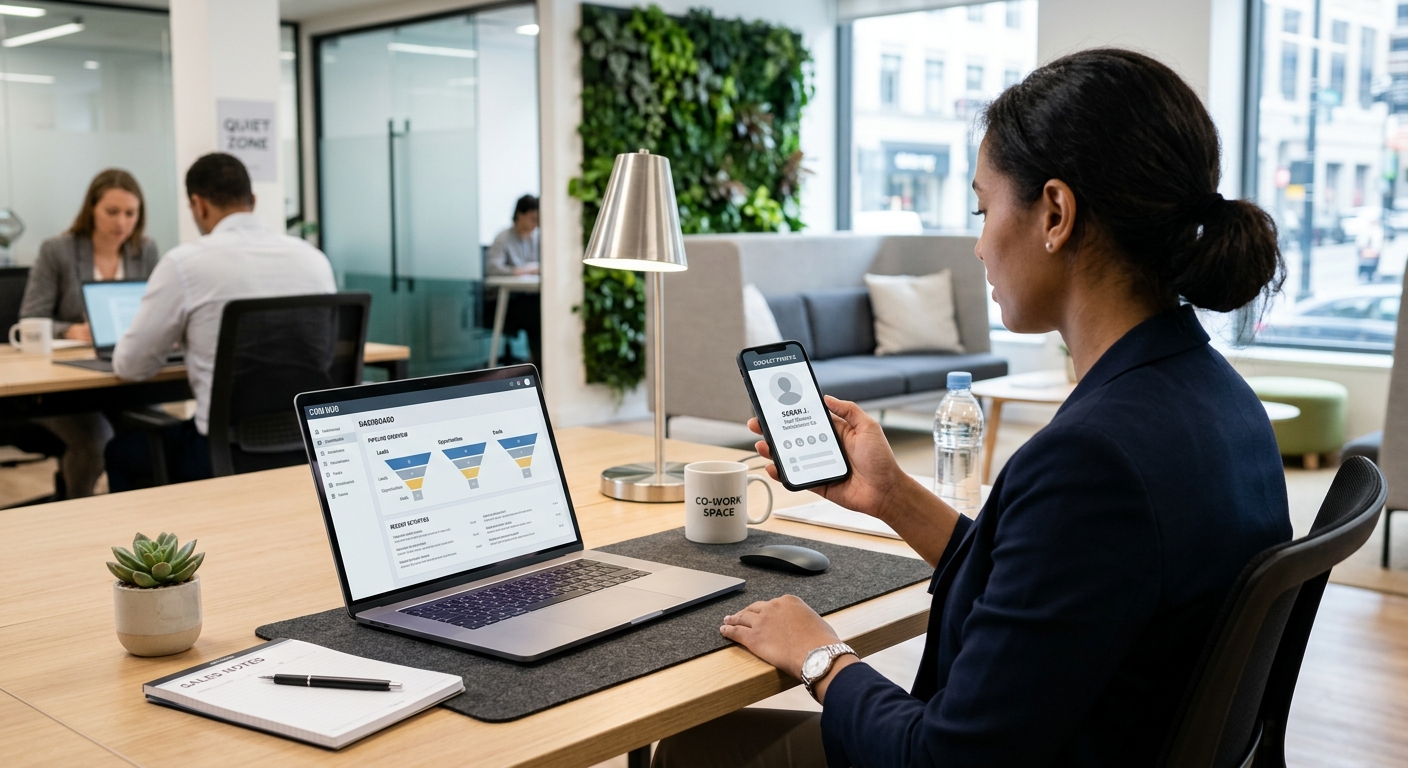 Sales professional using a digital business card Zapier CRM integration on phone and laptop