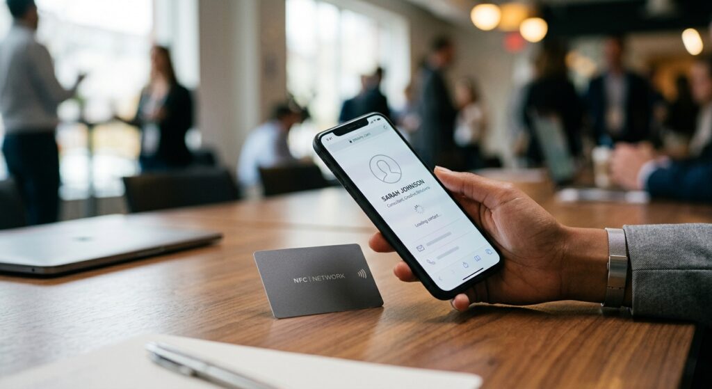 A smartphone being tapped against an NFC business card, showing how an NFC business card tap works to open a contact profile in a mobile browser
